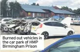  ??  ?? Burned out vehicles in the car park of HMP Birmingham Prison