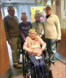  ?? PEG DEGRASSA - DIGITAL FIRST MEDIA ?? Marie Wissing, front, is surrounded by some of her treasured friends who attended her surprise party, including, left to right, Eddie Capriotti, Vera Miller, Dolores Young and John Beamon, all of Ridley Park.