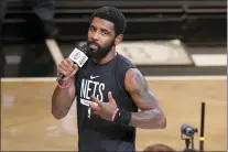  ?? FRANK FRANKLIN II — THE ASSOCIATED PRESS FILE ?? Brooklyn Nets’ Kyrie Irving speaks before the team’s NBA basketball game against the New Orleans Pelicans, Wednesday, Oct. 19, 2022, in New York.