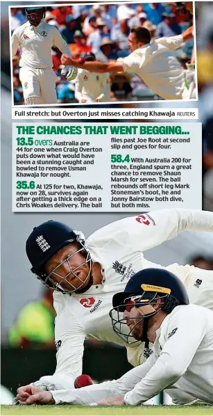  ?? REUTERS ?? Full stretch: but Overton just misses catching Khawaja