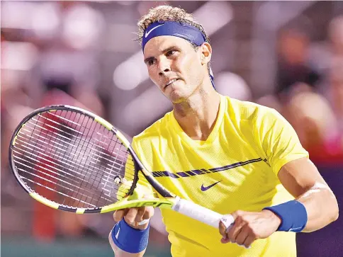  ?? — AFP photo ?? Rafael Nadal of Spain prepares to serve against Denis Shapovalov of Canada during day seven of the Rogers Cup presented by National Bank at Uniprix Stadium on August 10, 2017 in Montreal, Quebec, Canada.