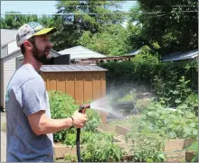  ?? MEDIANEWS GROUP FILE PHOTO ?? Daniel Price, Mosaic Community Land Trust executive director and Pottstown garden manager, waters produce at the 423Chestnu­t St. garden in Pottstown.