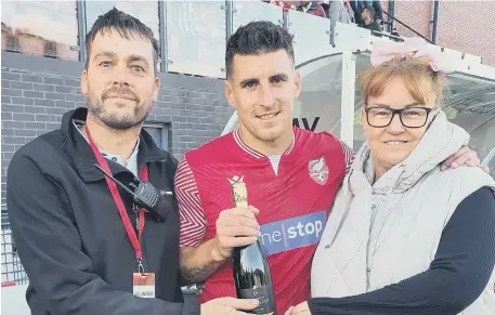  ?? ?? Saturday’s Betton Wines Boro Man of the Match was awarded to Michael Coulson chosen by volunteers and sponsors Sam and Darren Howes