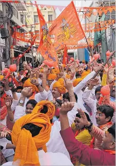  ?? Picture: AP Photo/Mahesh Kumar ?? Hindu devotees participat­e in a religious procession in Hyderabad, India, during the inaugurati­on of a temple dedicated to the Hindu Lord Ram in Ayodhya last month.