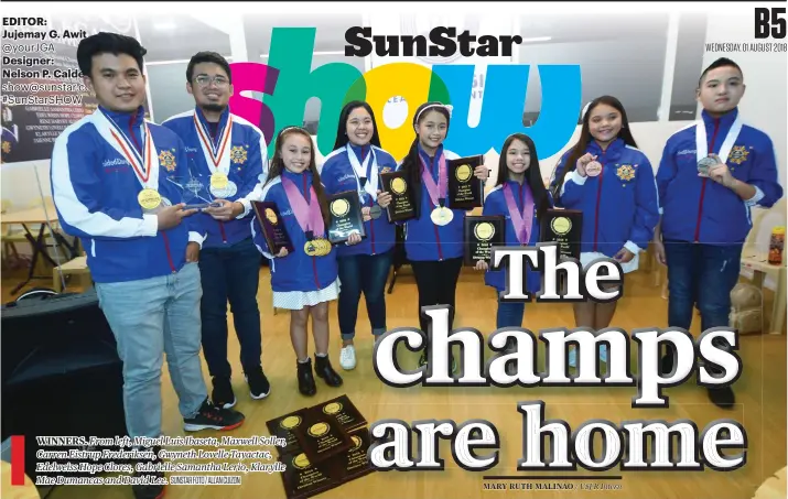  ?? SUNSTAR FOTO / ALLAN CUIZON ?? WINNERS. From left, Miguel Luis Ibaseta, Maxwell Soller, Carren Eistrup Frederikse­n, Gwyneth Lovelle Tayactac, Edelweiss Hope Clores, Gabrielle Samantha Lerio, Klarylle Mae Dumancas and David Lee.