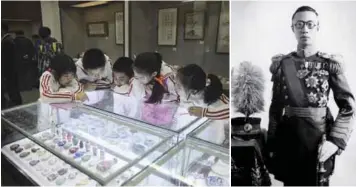  ??  ?? (far left) A piece of history ... School children looking at Qing dynasty artefacts that may have belonged to the last emperor Pu Yi (left), at an exhibition organised by his nephew Jin (below).