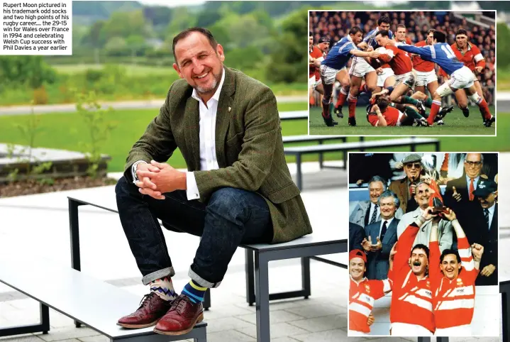  ??  ?? Rupert Moon pictured in his trademark odd socks and two high points of his rugby career.... the 29-15 win for Wales over France in 1994 and celebratin­g Welsh Cup success with Phil Davies a year earlier