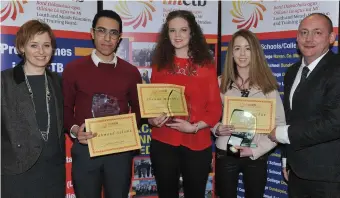  ??  ?? Award winners Mahmoud Salama, Shauna Murphy and Chloe Sheridan, Colaiste na hInse receive their awards from Anne Marie McCarrick, Principal and Wayne Harding, LMETB committee member at the LMETB presentati­on of awards held in the City North Hotel.