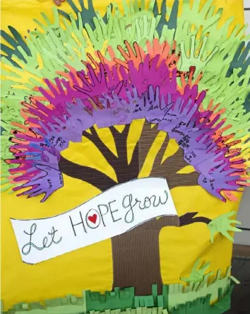  ?? Pam Panchak/Post-Gazette ?? Patrick Weldon, 14, of Carroll Township and his classmates at St. Louise de Marillac School in Upper St. Clair aimed to cheer up patients at AHN Jefferson Hospital with a "Hope" banner they made in art class.