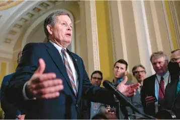  ?? J. SCOTT APPLEWHITE/AP ?? Sen. Steve Daines, seen Feb. 14, is the new chairman of the National Republican Senatorial Committee and wants the organizati­on involved in 2024 party primaries, a departure from former chairman Sen. Rick Scott.