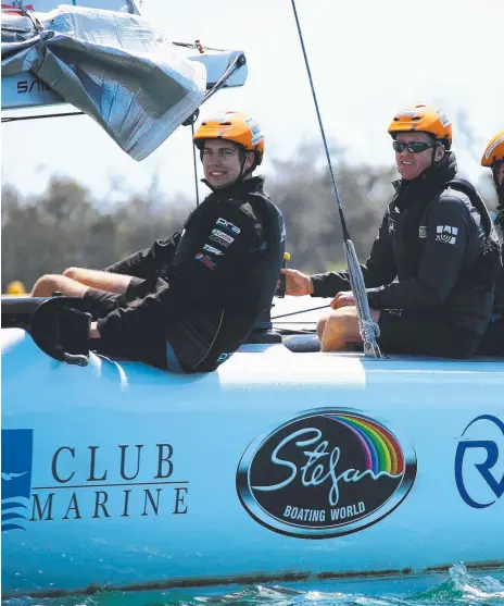  ?? Picture: DAVID CLARK ?? Chaz Mostert goes for a spin in the racing catamaran owned by former Supercars ace Tony Longhurst.