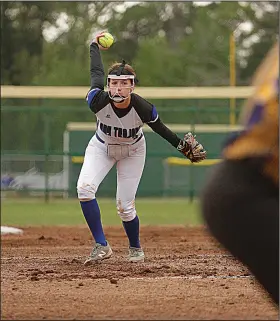  ?? Terrance Armstard/News-Times ?? To the plate: Freshman Drue Thomas brings a pitch to the plate in action against Bradley. The Lady Trojans are in the hunt for a conference title but face a tough week, which begins today at Emerson.