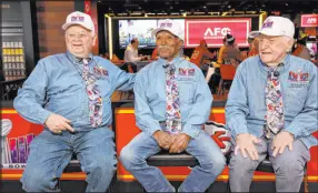  ?? K.M. Cannon Las Vegas Review-journal ?? From left,
Don Crisman, 87, Gregory Eaton, 84, and Tom Henschel, 82, say they never expected to come to Las Vegas for a Super Bowl.