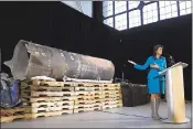  ?? CLIFF OWEN — THE ASSOCIATED PRESS ?? Nikki Haley, U.S. Ambassador to the U.N., speaks Thursday at Joint Base Anacostia-Bolling in Washington. On display were remnants of two ballistic missiles manufactur­ed in Iran and smuggled into Yemen for use by Houthi fighters.