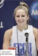  ?? AP file photo ?? Kelsey Jacobson, a guard at Florida Gulf Coast, answers a question during a news conference before a practice on March 17, 2012. The now Kelsey Diemer is a doctor in southwest Florida.