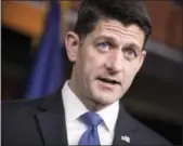  ?? J. SCOTT APPLEWHITE — THE ASSOCIATED PRESS ?? Speaker of the House Paul Ryan, R-Wis., meets with reporters as he encourages support for Republican tax reform legislatio­n on Capitol Hill in Washington.