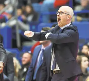  ?? Stephen Dunn / Associated Press ?? UConn head coach Dan Hurley reacts on the sideline during Sunday’s win over New Hampshire.