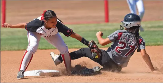  ?? Jayne Kamin-Oncea/For The Signal ?? Brooke Marquez tags out a runner during Hart’s third-round CIF-SS game against Patriot of Riverside. The Indians play Ayala High today.