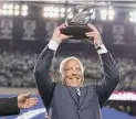  ?? Matt Slocum/Associated Press ?? Philadelph­ia Eagles owner Jeffrey Lurie holds the George Halas Trophy trophy after the NFC Championsh­ip on Jan. 29 in Philadelph­ia.