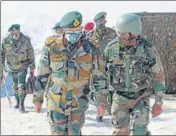  ?? ANI ?? Indian Army chief General MM Naravane reviewing the security situation along the Line of Control in Kashmir on Thursday.