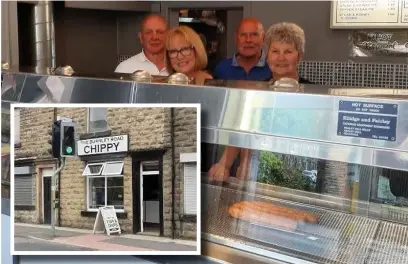  ??  ?? ●● From left to right, Glen, Linda, Steven and Janice at Burnley Road Chippy (inset) which has closed after being run by Linda since 1989.