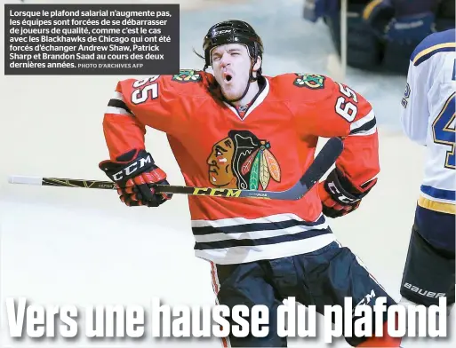  ??  ?? Lorsque le plafond salarial n’augmente pas, les équipes sont forcées de se débarrasse­r de joueurs de qualité, comme c’est le cas avec les Blackhawks de Chicago qui ont été forcés d’échanger Andrew Shaw, Patrick Sharp et Brandon Saad au cours des deux...