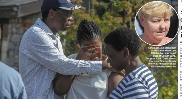  ??  ?? Friends console each other at the scene where Joe O’Callaghan was found dead at Galway Lane, Douglas, Cork. Inset above: The victim’s sister Sheila Thornhill. Photos: Michael MacSweeney/Provision