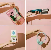  ?? Michelle Gustafson/The New York Times ?? Bolsa para maquiagem da C.Y.O.; prancha de frizz Bed Head; caixa de chás instantâne­os da Tea Drops;headphones da Ailihen; produtos que a estudante Annabelle Schmitt divulga no Instagram