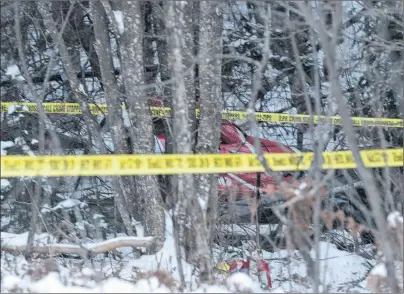  ?? CP PHOTO ?? A crashed Hydro One helicopter can be seen through trees near Tweed, Ont. Four Hydro One employees were killed Thursday in a helicopter crash, police and the utility reported.