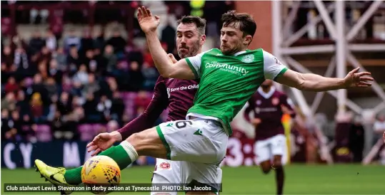  ??  ?? Club stalwart Lewis Stevenson in derby action at Tynecastle PHOTO: Ian Jacobs