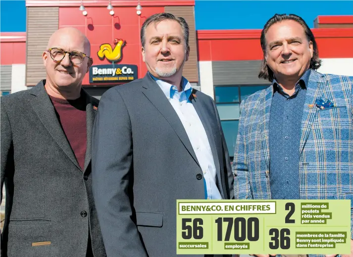  ??  ?? Les frères Yves, Vincent et Jean Benny, associés et propriétai­res chez Benny&co, posséderon­t plus de 60 restaurant­s au Québec et en Ontario d’ici la fin 2019. Des ouvertures sont prévues entre autres à Mascouche, à Terrebonne et à L’assomption.