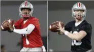  ?? ASSOCIATED PRESS FILE ?? Ohio State quarterbac­ks Dwayne Haskins, left, and Joe Burrow, right, during practice in Columbus. They are each vying to be the backup to J.T. Barrett this season.