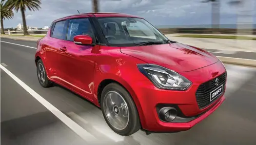  ??  ?? SWIFT PROGRESS: The 2017 Suzuki Swift comes with either a 1.2-litre four-cylinder or turbocharg­ed 1.0-litre three-cylinder. Prices start from $16,990 drive away, but better safety and technology arrive with the mid-spec GL+ for $19,990 drive away.