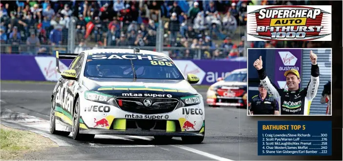  ??  ?? WINNER: Craig Lowndes drives towards victory. INSET: Lowndes celebrates after the great race.