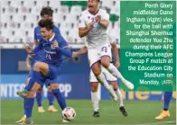  ?? (AFP) ?? Perth Glory midfielder Dane Ingham (right) vies for the ball with Shanghai Shenhua defender Yue Zhu during their AFC Champions League Group F match at the Education City Stadium on Monday.