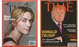  ??  ?? Capa verdadeira, com Kate Winslet, e a falsa, com Donald Trump