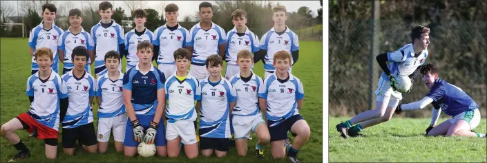  ??  ?? The Meanscoil Gharman squad prior to Thursday’s maiden appearance in a South Leinster final for the school in New Ross. Defender Dylan O Núalláin gives Jack Dunne the slip.