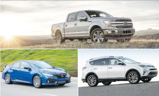 ?? FORD, HONDA, TOYOTA ?? So far in 2017, the Ford F-150, top, Honda Civic, bottom left, and Toyota RAV4 are the sales leaders in their respective segments.