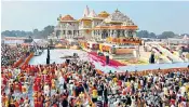  ?? ?? Narendra Modi prays at the Ram temple in Ayodhya in Uttar Pradesh. Thousands gathered to watch yesterday’s ceremony, below