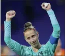  ?? Francisco Seco The Associated Press ?? Netherland­s goalkeeper Sari Van Veenendaal celebrates Wednesday after a 1-0 victory over Sweden in the Women’s World Cup semifinal.