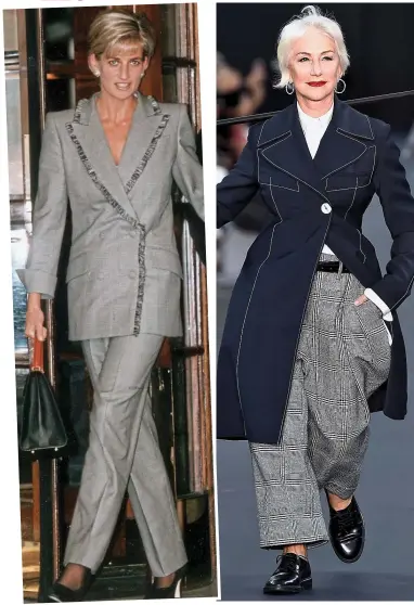  ??  ?? Princess Diana: Fabulous in a Prince of Wales Dior trouser suit in July 1997. It’s one of the few POW checks she wore Helen Mirren: She loved her Paris catwalk moment in a Victorian-themed dress-coat teamed with mannish check trousers
