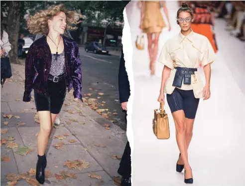  ??  ?? A gauche, Kylie Minogue à Londres, en 1989. A droite, Bella Hadid au dé  lé Fendi printemps-été 2019.