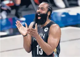  ?? ADAM HUNGER/AP ?? James Harden recorded a triple-double (34 points, 10 rebounds, 10 assists) in the Nets’ seriesclin­ching win over the Celtics on Tuesday night. They next face the Bucks.