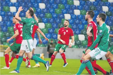  ??  ?? Off-target:
Jonny Evans bemoans another chance that got away in last night’s World Cup qualifier against Bulgaria