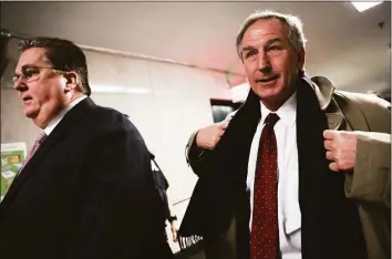  ?? Julia Nikhinson / Associated Press ?? Defense attorneys Michael van der Veen, right, and William Brennan, left, leave the courtroom during jury deliberati­on in the Trump Organizati­on tax fraud case Tuesday.