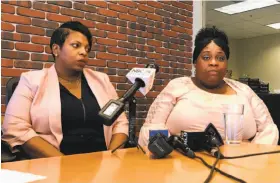  ?? Megan Cassidy / The Chronicle ?? Shalan Hooks (left) and Myisha Kee talk to news media about their lawsuit against chiropract­or Dr. David Atkinson, which alleges sexual misconduct.