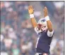  ?? Mitchell Leff / Getty Images ?? Patriots quarterbac­k Cam Newton reacts after a touchdown against the Eagles in the first half of a preseason game on Thursday.