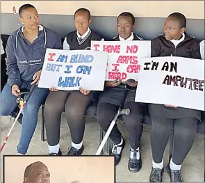  ?? (Pics: Melisa Msweli) ?? Some of the pupils of the school who are receiving education as others hold posters during the awareness campaign. (INSET) Shiselweni special needs schools Inspector Thulani Gamedze, following the proceedign­s of the event alongside a parent who was at the event.