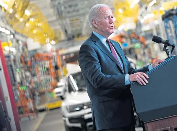  ?? ?? Joe Biden delivers a speech on electric vehicles at the opening of General Motors’ first EV assembly plant in Michigan last November