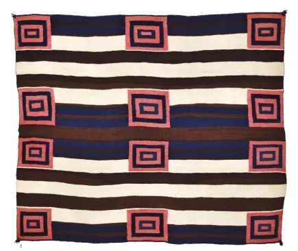  ??  ?? 1. 2. Navajo transition­al blanket, ca. 1890, 74 x 42"Second phase Navajo chief’s blanket with indigo and cochineal dyes and raveled bayeta, ca. 1850-60, 50½ x 59" 2